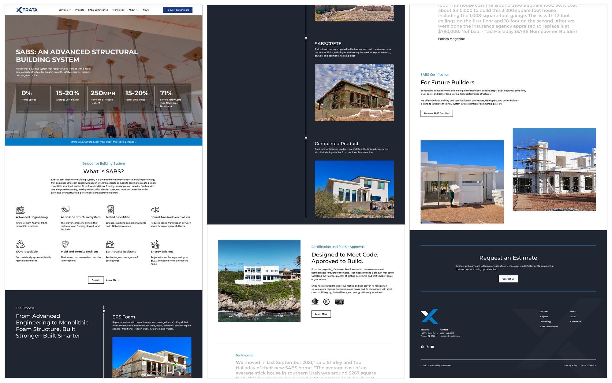 Xtrata's public site as it runs today, captured top to bottom and set in three columns: the SABS headline over the company's own performance claims, a banner announcing that Strata is now Xtrata, the plain explainer of what SABS is, the build sequence from foam panel to sprayed shell to finished house, the code approvals, a homeowner testimonial, the certification program for builders, and the request-an-estimate footer. Source: xtrata.com, captured 25 September 2026.